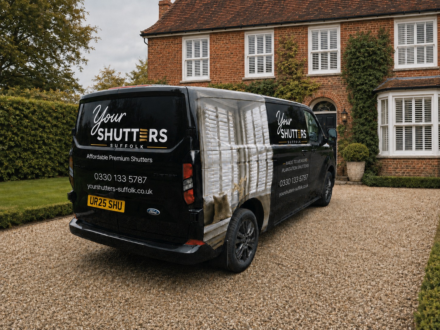 Your Shutters Cambridge van outside a family home